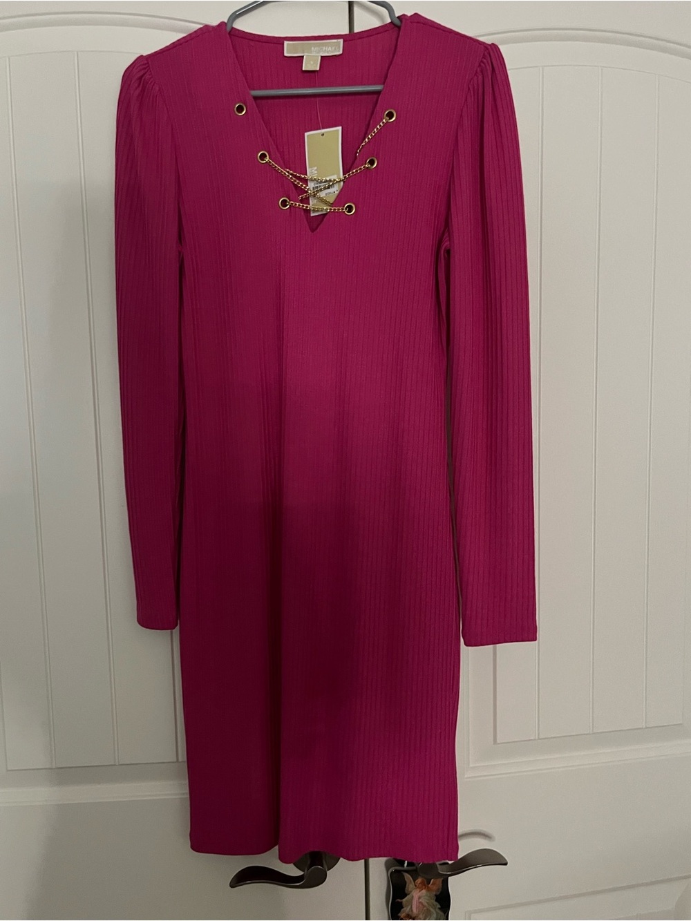 Michael Kors Ribbed Long-Sleeve Lace-Up Dress in Fuchsia